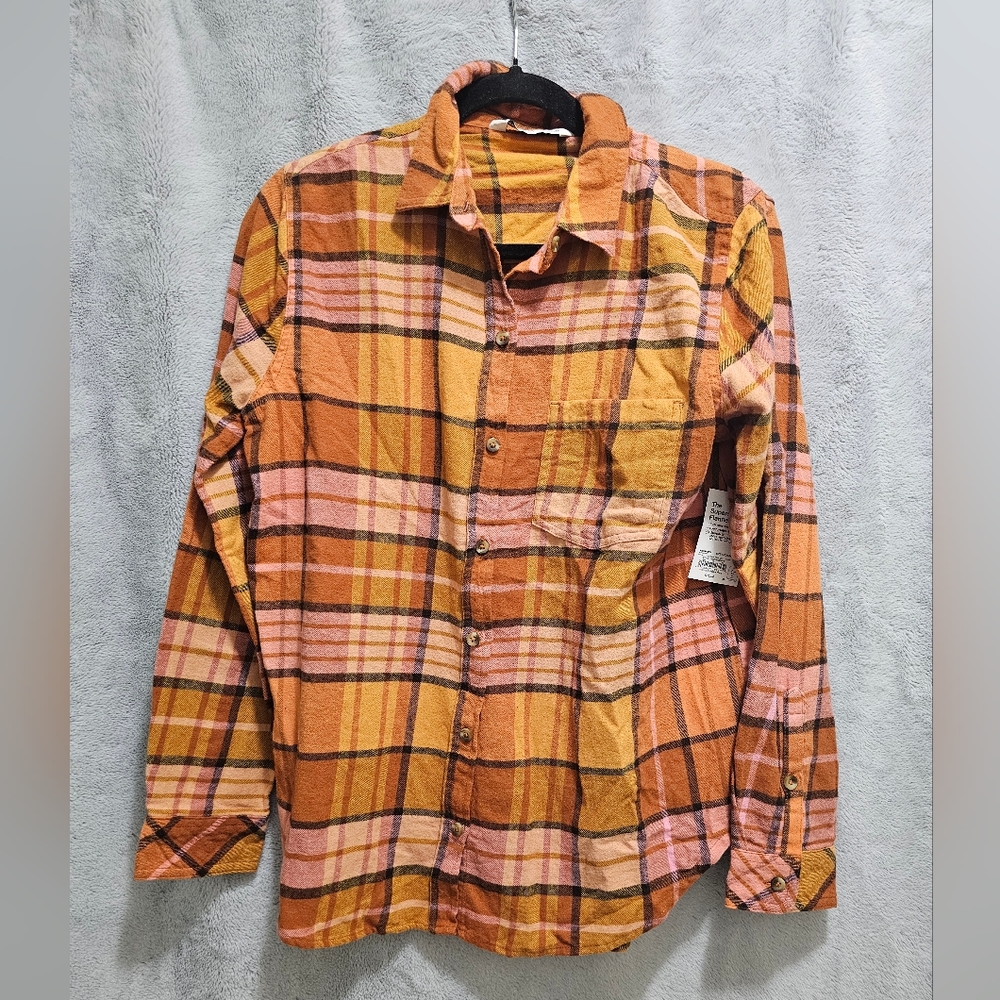 Women's Sonoma Goods for Life Plaid Button Down Orange Yellow Brown Pink  Sz M
